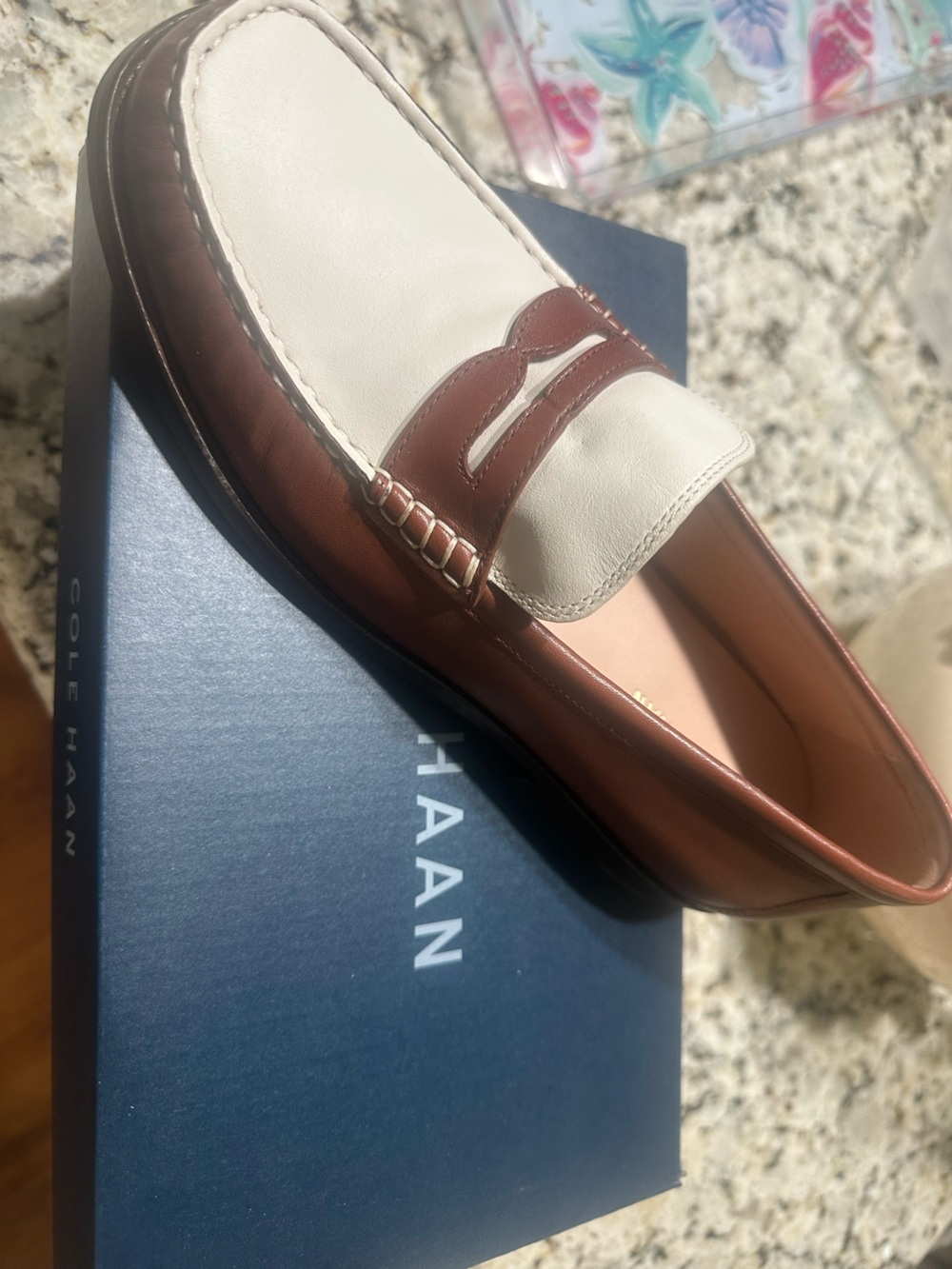 Cole Haan Two-Tone Brown and Cream Leather Penny Loafers